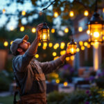 A photograph of a skilled lighting contractor installing elegant lantern lights in a beautifully illuminated outdoor space