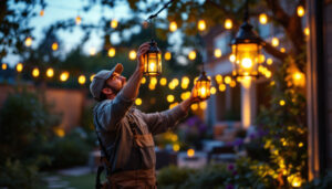 A photograph of a skilled lighting contractor installing elegant lantern lights in a beautifully illuminated outdoor space