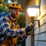 A photograph of a professional lighting contractor installing an exterior motion sensor light on a home