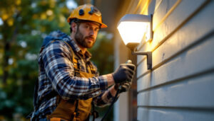 A photograph of a professional lighting contractor installing an exterior motion sensor light on a home