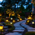 A photograph of a beautifully landscaped yard illuminated by a variety of decorative solar lights