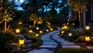 A photograph of a beautifully landscaped yard illuminated by a variety of decorative solar lights