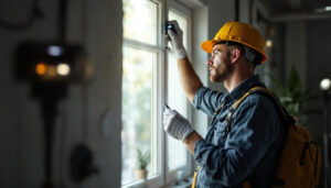 A photograph of a lighting contractor expertly installing or adjusting a daylight sensor in a well-lit environment