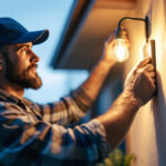 A photograph of a lighting contractor expertly installing or adjusting a stylish outdoor light fixture in a residential setting