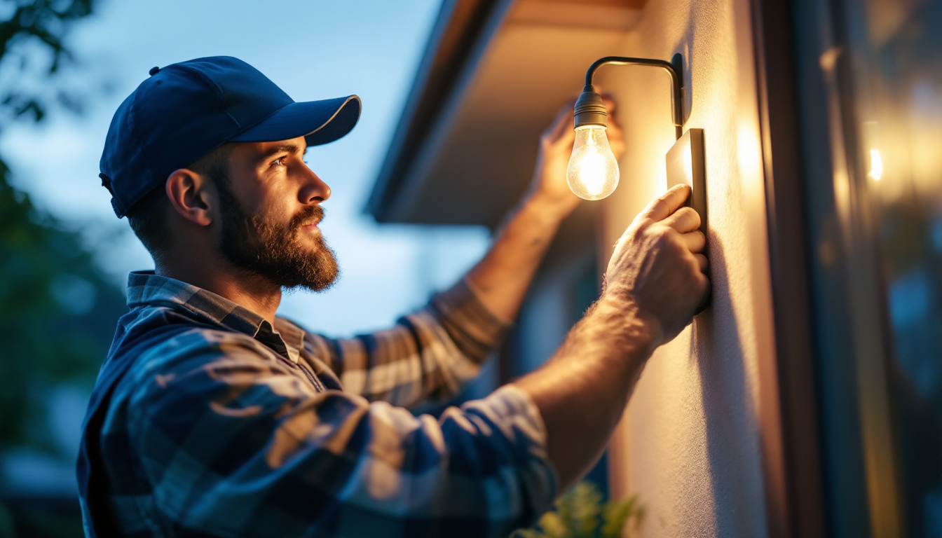 A photograph of a lighting contractor expertly installing or adjusting a stylish outdoor light fixture in a residential setting