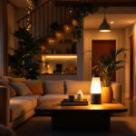 A photograph of a well-lit home interior showcasing various emergency lamps in use