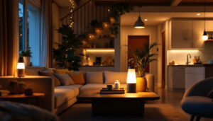 A photograph of a well-lit home interior showcasing various emergency lamps in use
