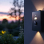 A photograph of a stylish outdoor light timer switch installed in a beautifully landscaped garden at dusk