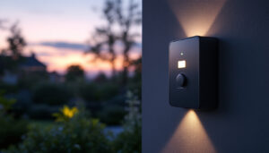 A photograph of a stylish outdoor light timer switch installed in a beautifully landscaped garden at dusk