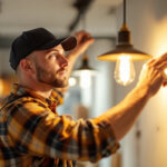 A photograph of a skilled lighting contractor at work