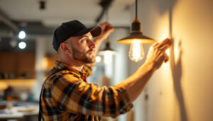 A photograph of a skilled lighting contractor at work