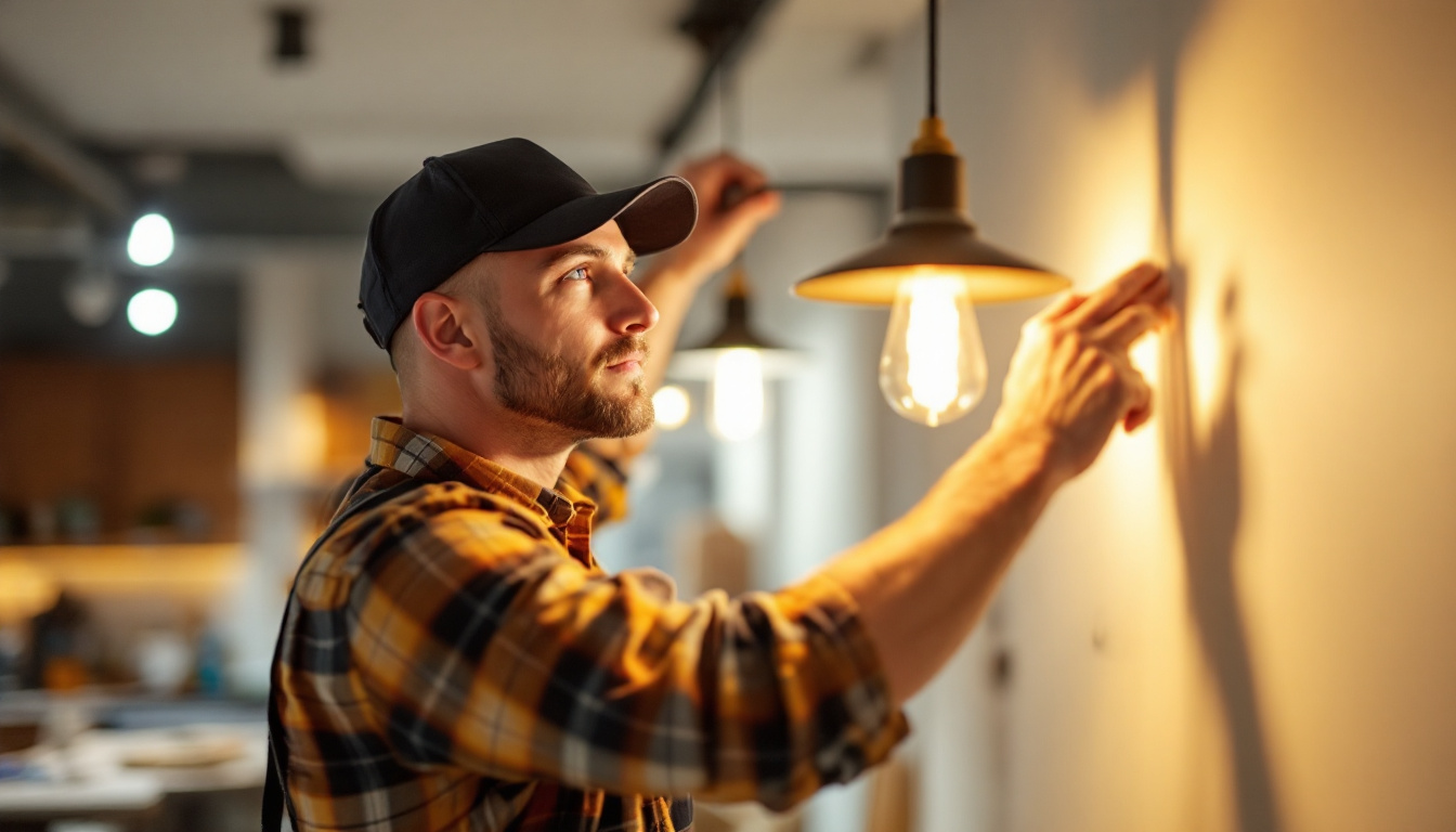 A photograph of a skilled lighting contractor at work
