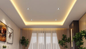 A photograph of a modern ceiling featuring stylish recessed can lights