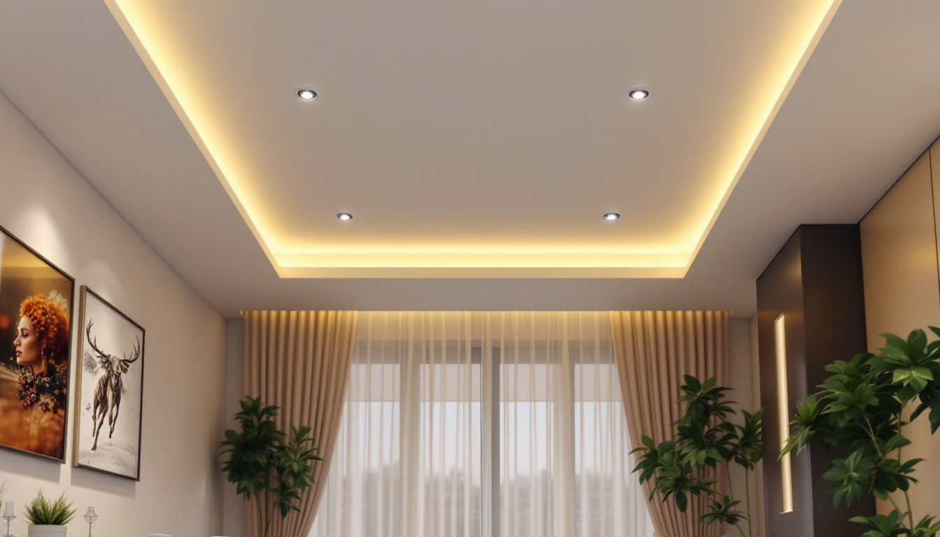 A photograph of a modern ceiling featuring stylish recessed can lights