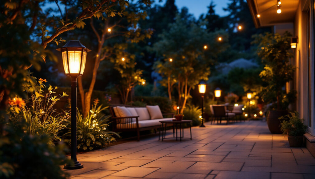 A photograph of a beautifully illuminated outdoor patio scene featuring stylish solar lamps in use during twilight