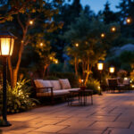 A photograph of a beautifully illuminated outdoor patio scene featuring stylish solar lamps in use during twilight