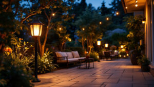 A photograph of a beautifully illuminated outdoor patio scene featuring stylish solar lamps in use during twilight