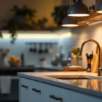 A photograph of a well-lit kitchen or workspace featuring stylish undercounter lights in action