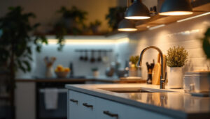 A photograph of a well-lit kitchen or workspace featuring stylish undercounter lights in action