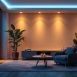A photograph of a well-designed room featuring modern recessed can lights