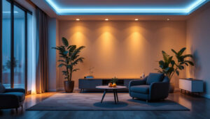 A photograph of a well-designed room featuring modern recessed can lights