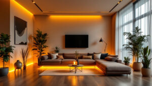 A photograph of a beautifully designed space showcasing various applications of amber led lighting