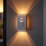 A photograph of a modern motion sensor light switch installed in a stylish home setting