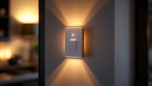 A photograph of a modern motion sensor light switch installed in a stylish home setting