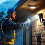 A photograph of a lighting contractor installing led outdoor flood lights in a commercial or residential setting