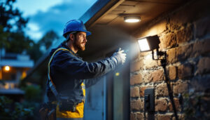 A photograph of a lighting contractor installing led outdoor flood lights in a commercial or residential setting