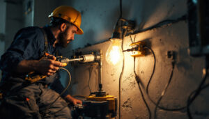 A photograph of a lighting contractor working on a residential or commercial site