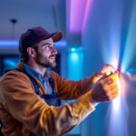 A photograph of a lighting contractor skillfully installing led tape lighting in a modern residential space