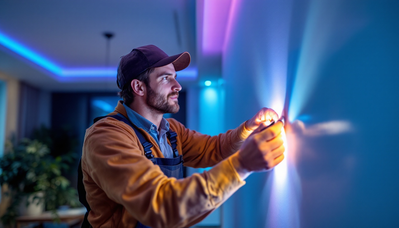 A photograph of a lighting contractor skillfully installing led tape lighting in a modern residential space