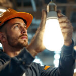 A photograph of a lighting contractor installing a bright