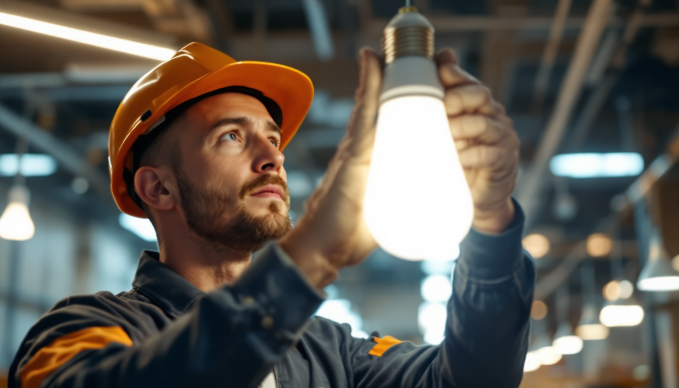 A photograph of a lighting contractor installing a bright