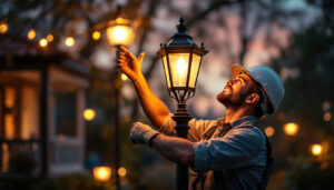 A photograph of a skilled lighting contractor at work