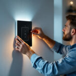 A photograph of a lighting contractor expertly installing a modern led light dimmer in a stylish residential setting