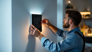 A photograph of a lighting contractor expertly installing a modern led light dimmer in a stylish residential setting