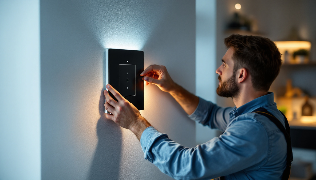A photograph of a lighting contractor expertly installing a modern led light dimmer in a stylish residential setting