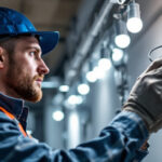A photograph of a lighting contractor examining and installing a ballast in a well-lit commercial space