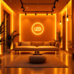A photograph of a beautifully designed interior space illuminated by warm amber led lights
