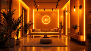 A photograph of a beautifully designed interior space illuminated by warm amber led lights