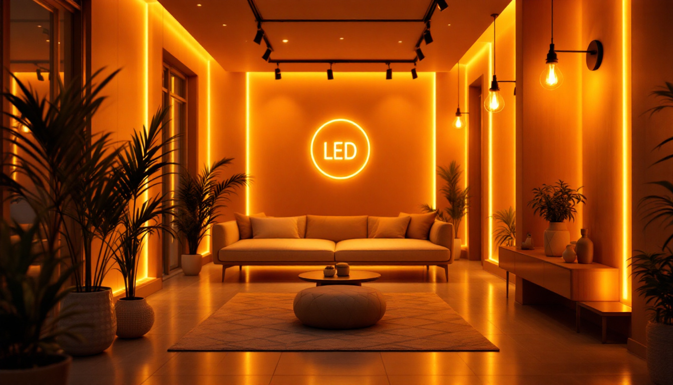 A photograph of a beautifully designed interior space illuminated by warm amber led lights