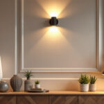 A photograph of a beautifully lit interior space showcasing various sconce light fixtures in action