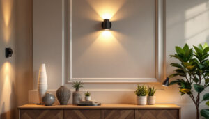 A photograph of a beautifully lit interior space showcasing various sconce light fixtures in action