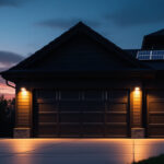 A photograph of a beautifully illuminated garage at dusk
