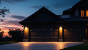 A photograph of a beautifully illuminated garage at dusk