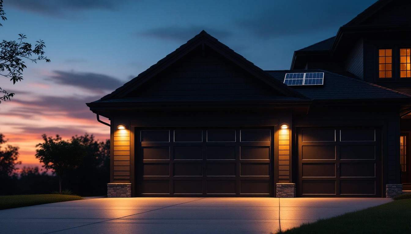 A photograph of a beautifully illuminated garage at dusk