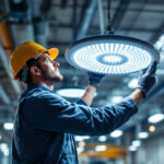A photograph of a lighting contractor expertly installing or showcasing led ufo lights in a commercial or industrial setting