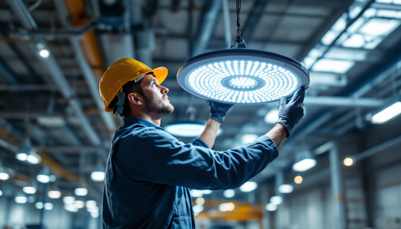 A photograph of a lighting contractor expertly installing or showcasing led ufo lights in a commercial or industrial setting